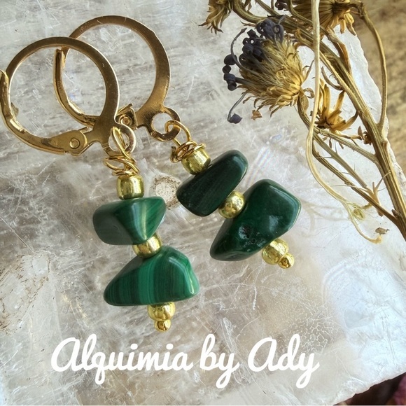 Alquimia Jewelry - Malachite gold long dangle earrings/ creativity heart chakra/ minimalist